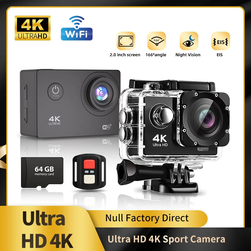 Null 4K Outdoor Wifi Action Camera Helmet Video Recording 4K/30FPS Wifi 2.0" 170DGPS 4X Zoom Underwater Waterproof Sports Camera